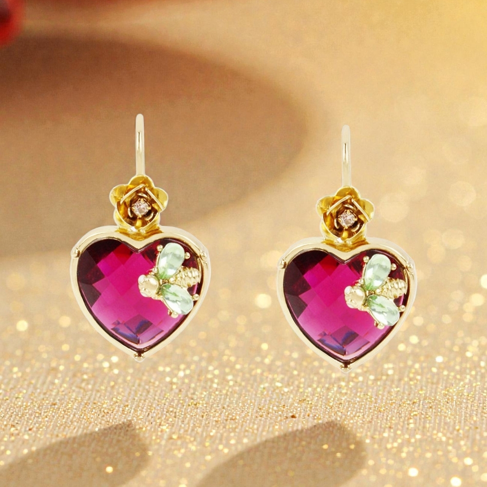 NEW Betsey Johnson Elegant Pink Faceted Stone Heart Drops With Flower Accent - Picture 2 of 5